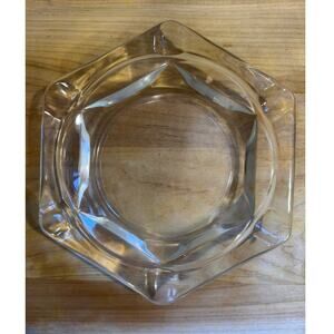 Clear Glass Hexagon Ashtray or Catchall  6 Rests Heavy Pressed Barware MCM Style